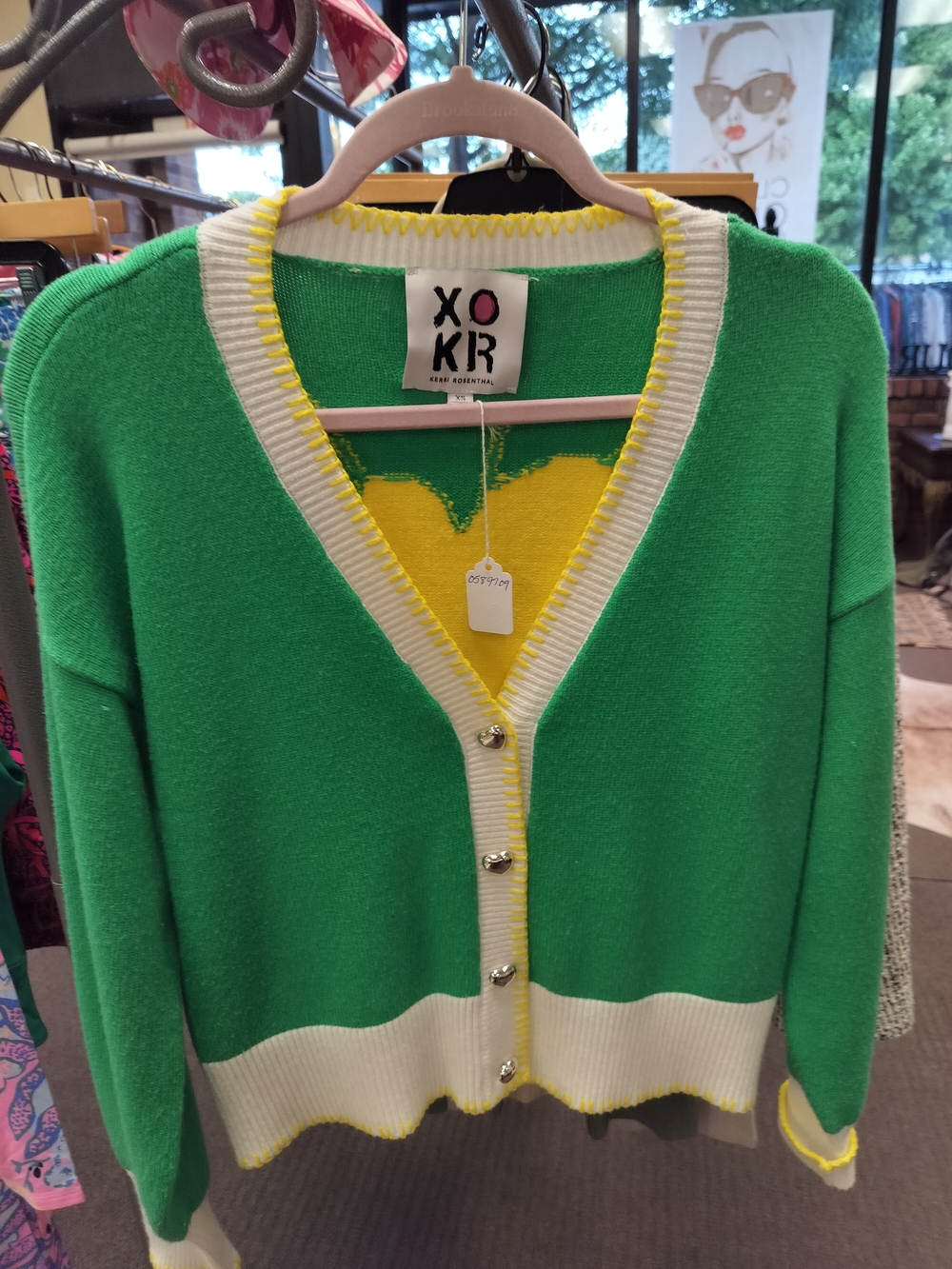 Rosenthal XOKR Green and Yellow Trim V-Neck Cardigan